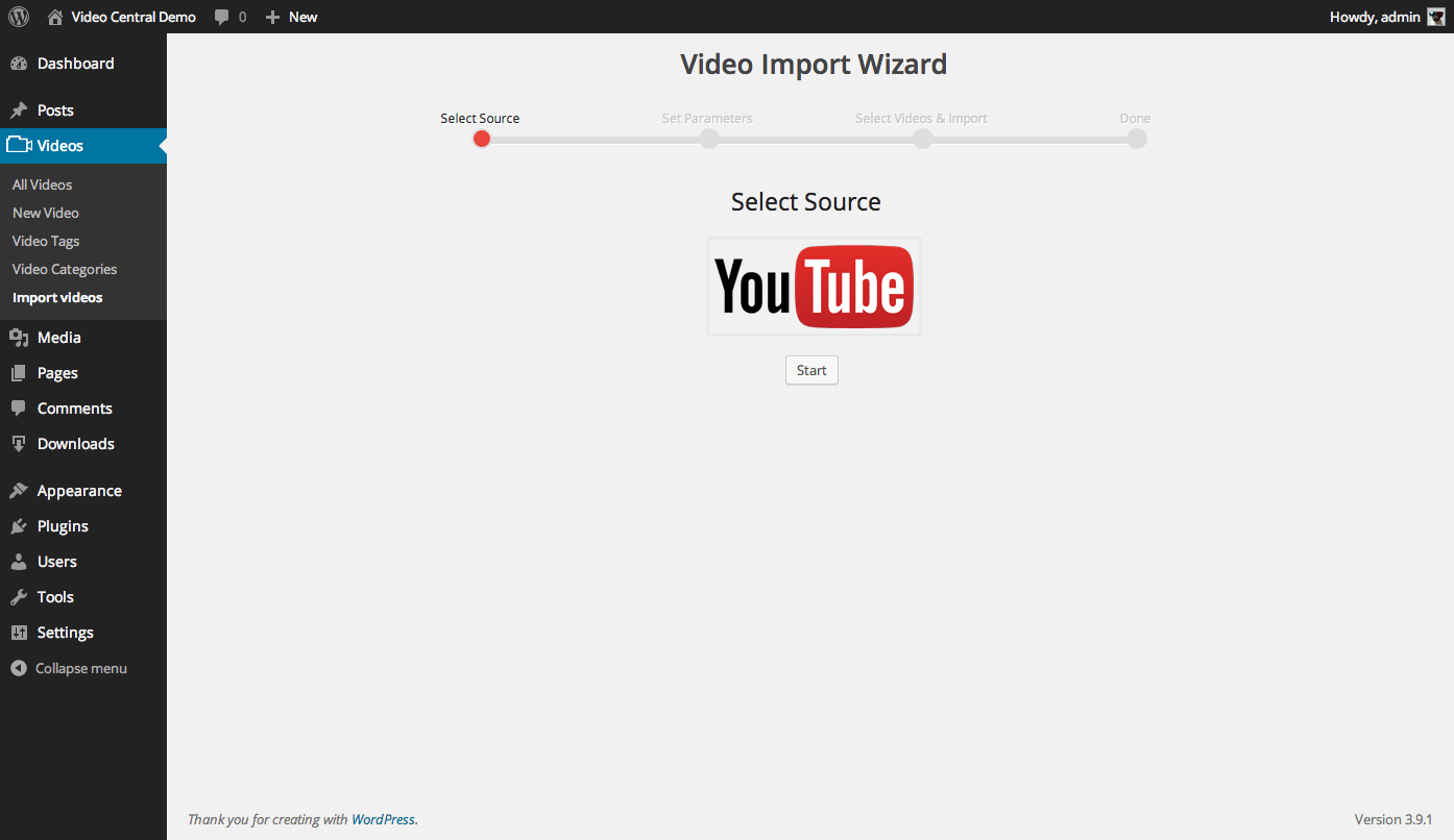 Admin - video Import wizard page 1