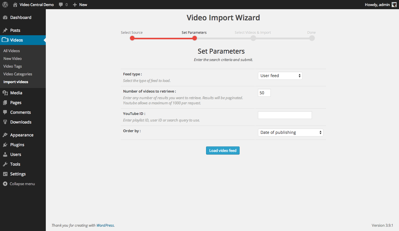 Admin - video Import wizard page 2
