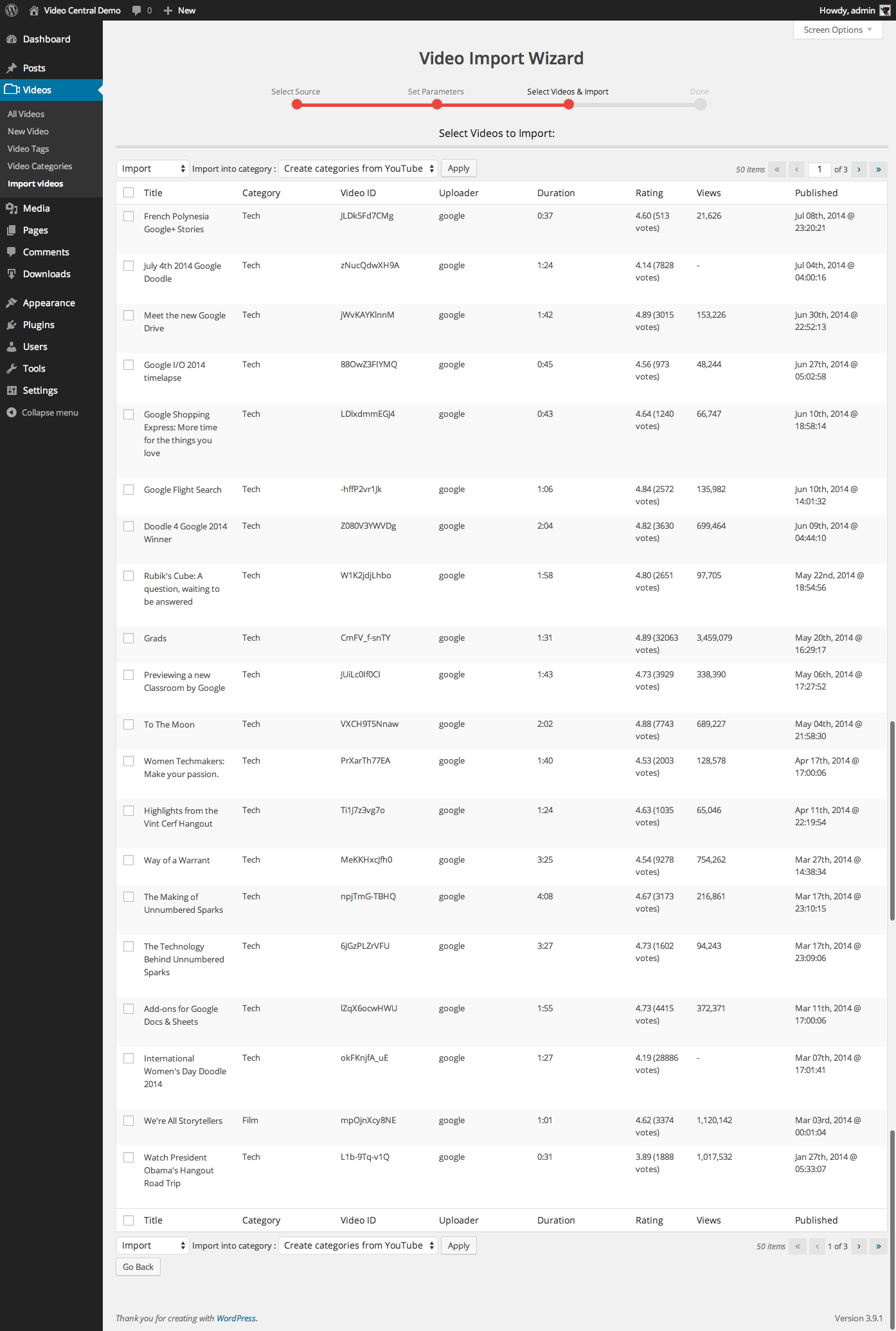 Admin - video Import wizard page 3