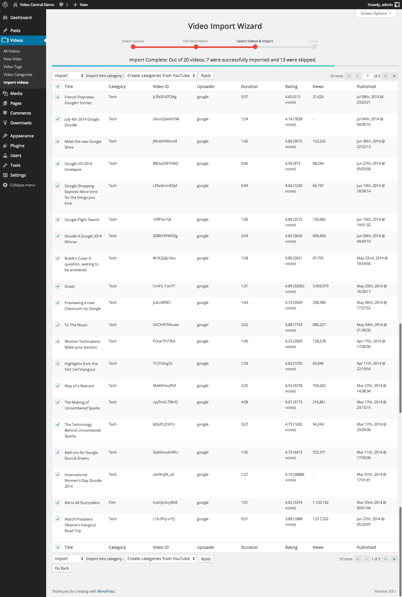 Admin - video Import wizard page 4