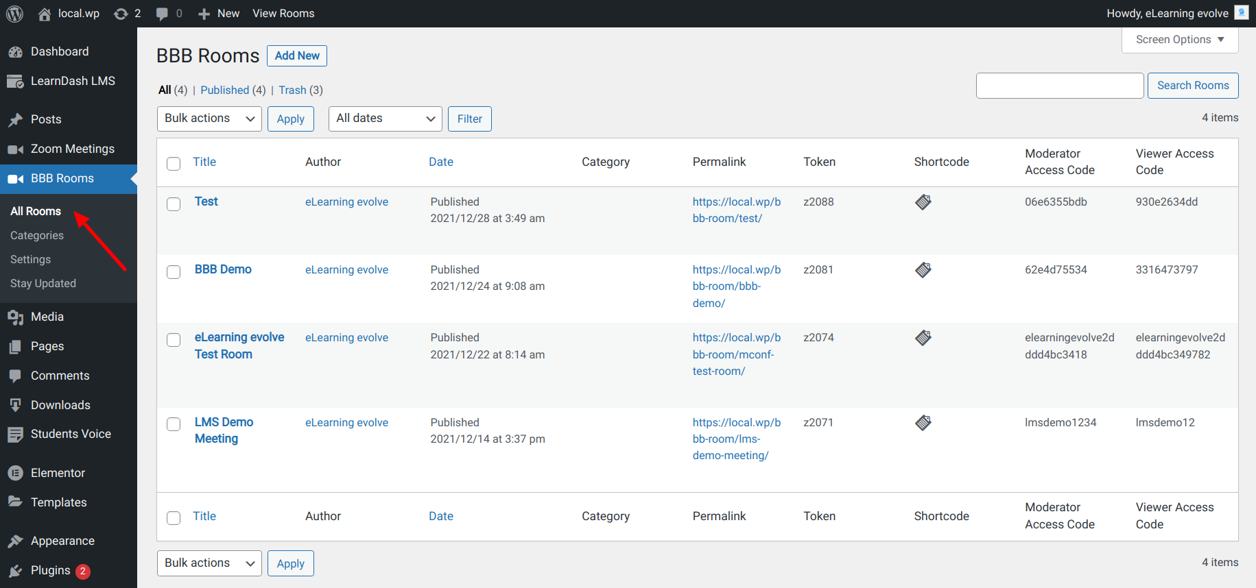 BBB Rooms can be managed through the Administrator Dashboard.