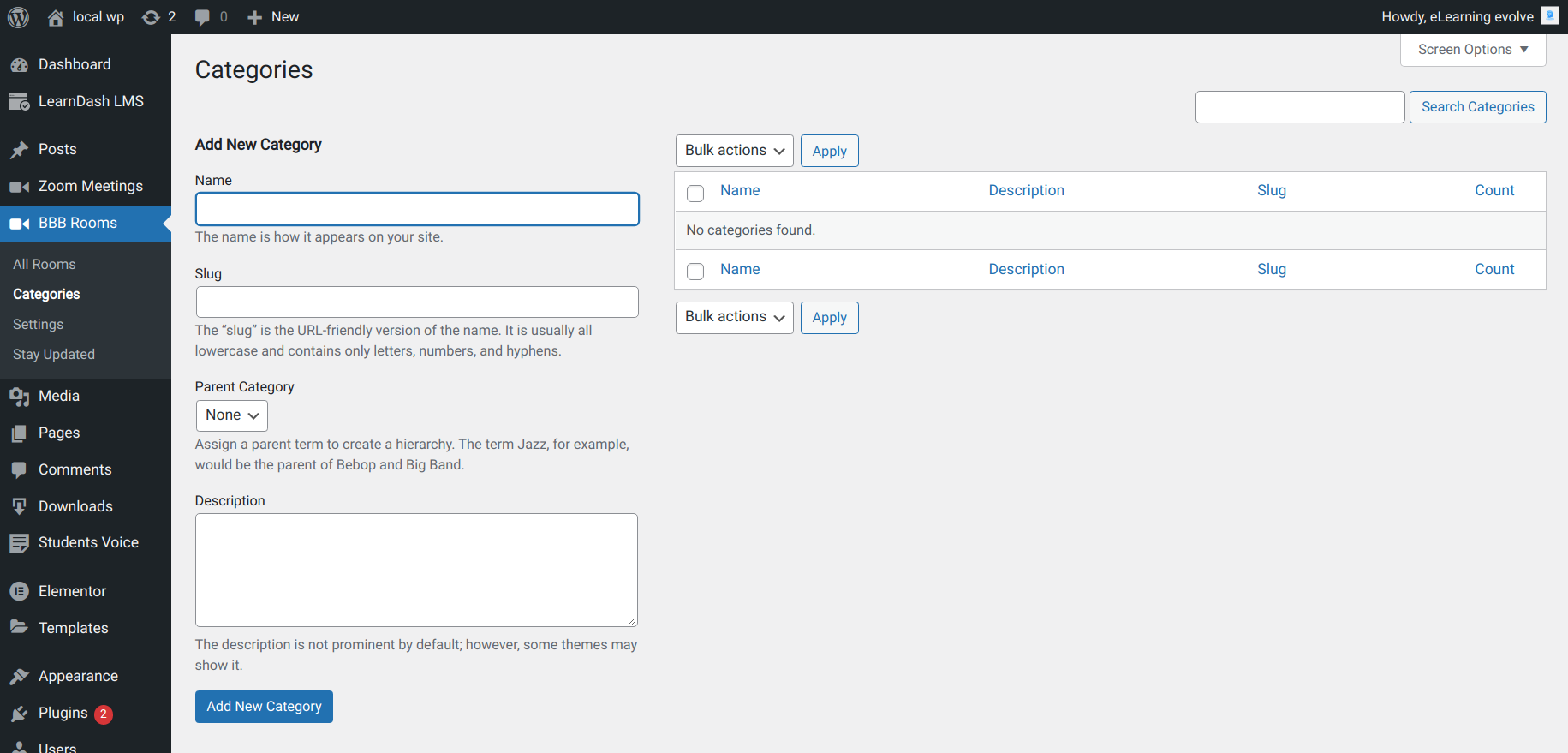 BBB Rooms can also be organized using Categories.