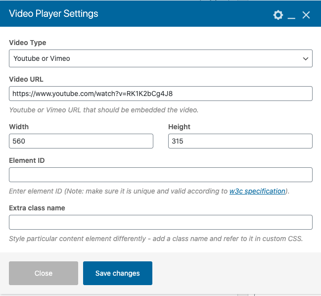 Video Player element setting for YouTube and Vimeo