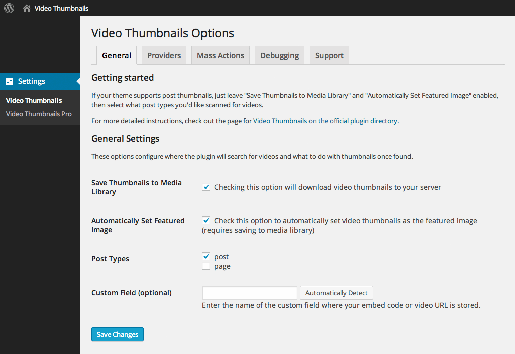 Settings page