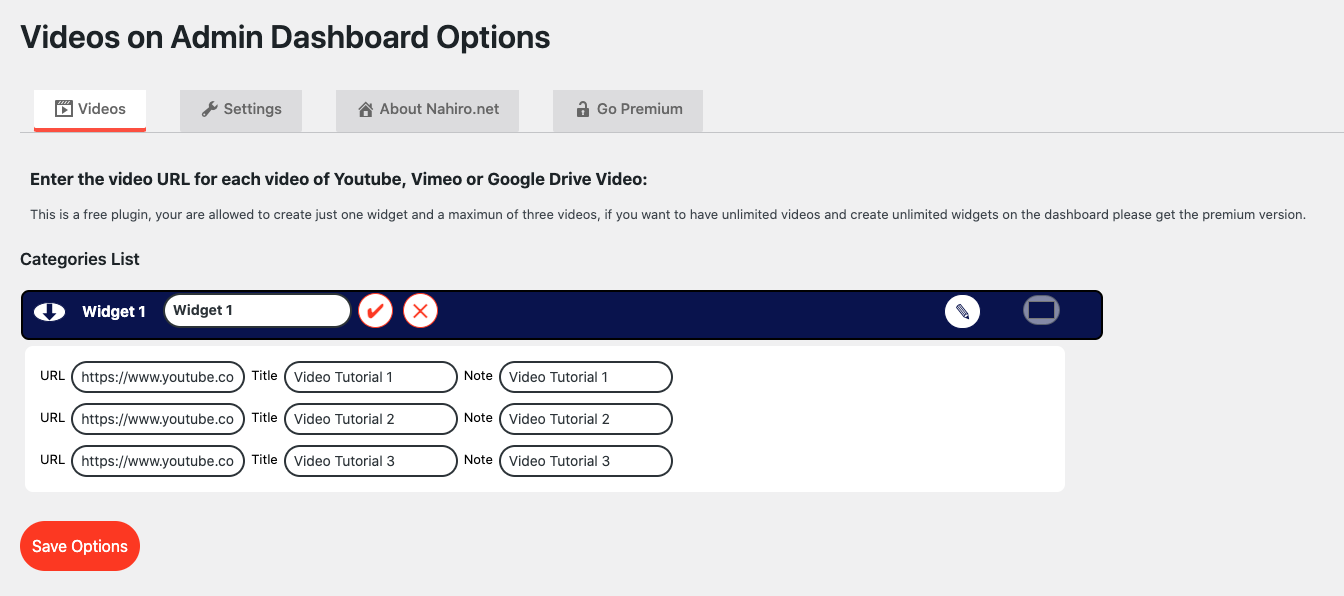 Videos on Admin Dashboard Options Rename Widget