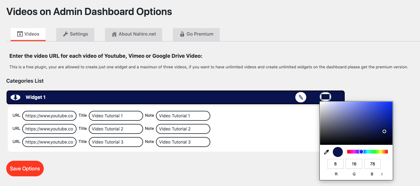Videos on Admin Dashboard Options Colors