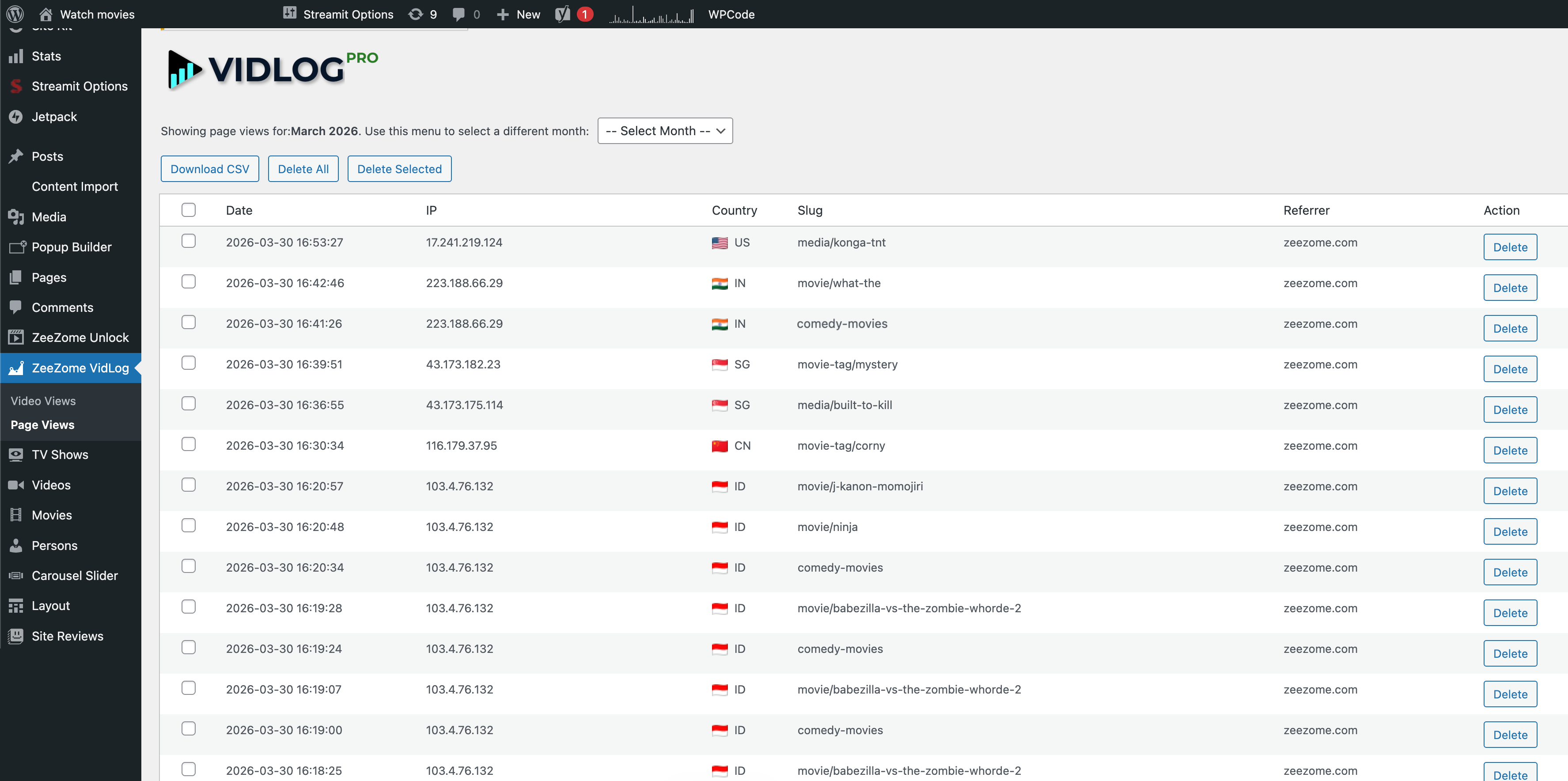 VidLog dashboard with logged page views