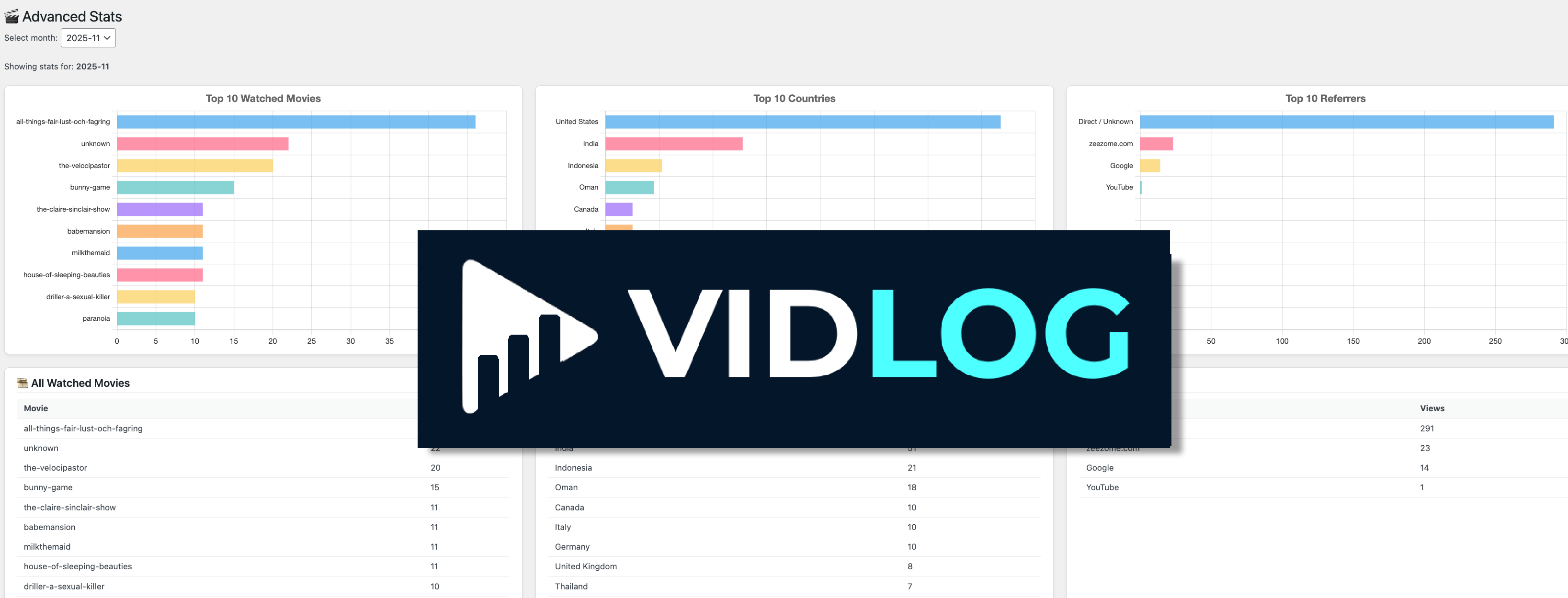 Advanced stats page with top 10 charts and complete analytics lists in VidLog PRO