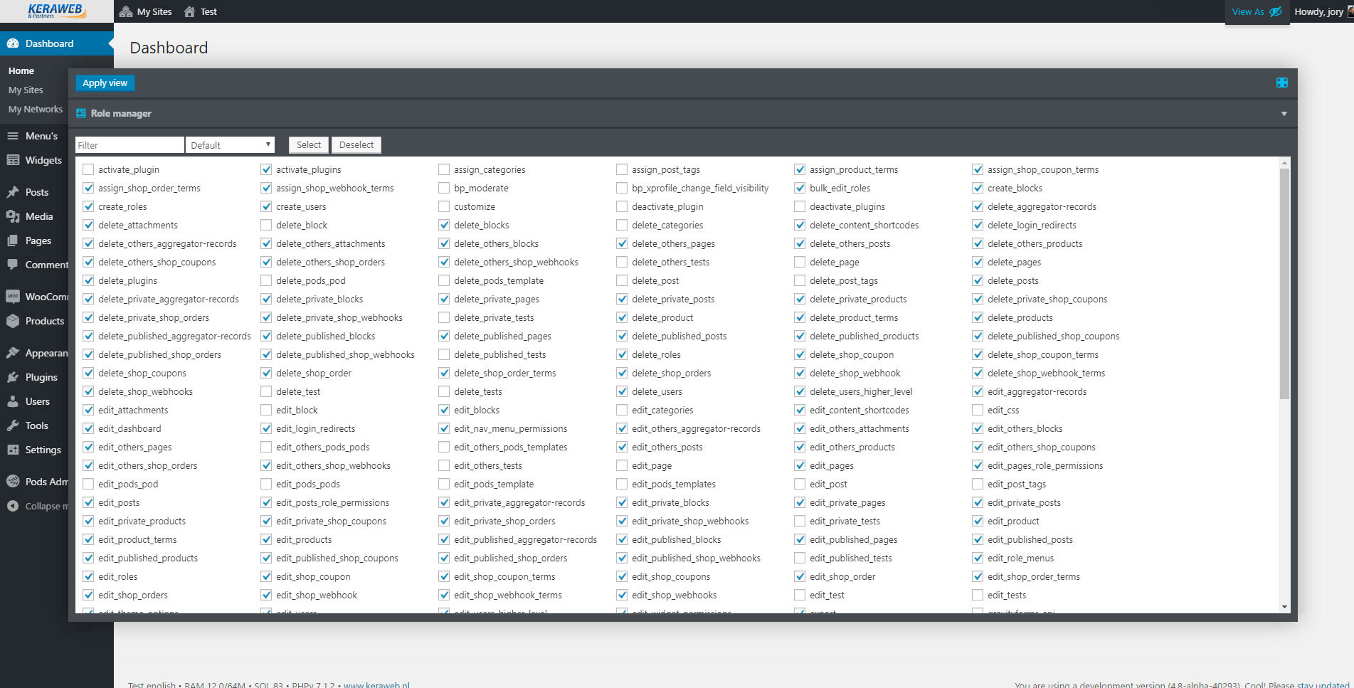 Module Role defaults window (tabs are normally closed)
