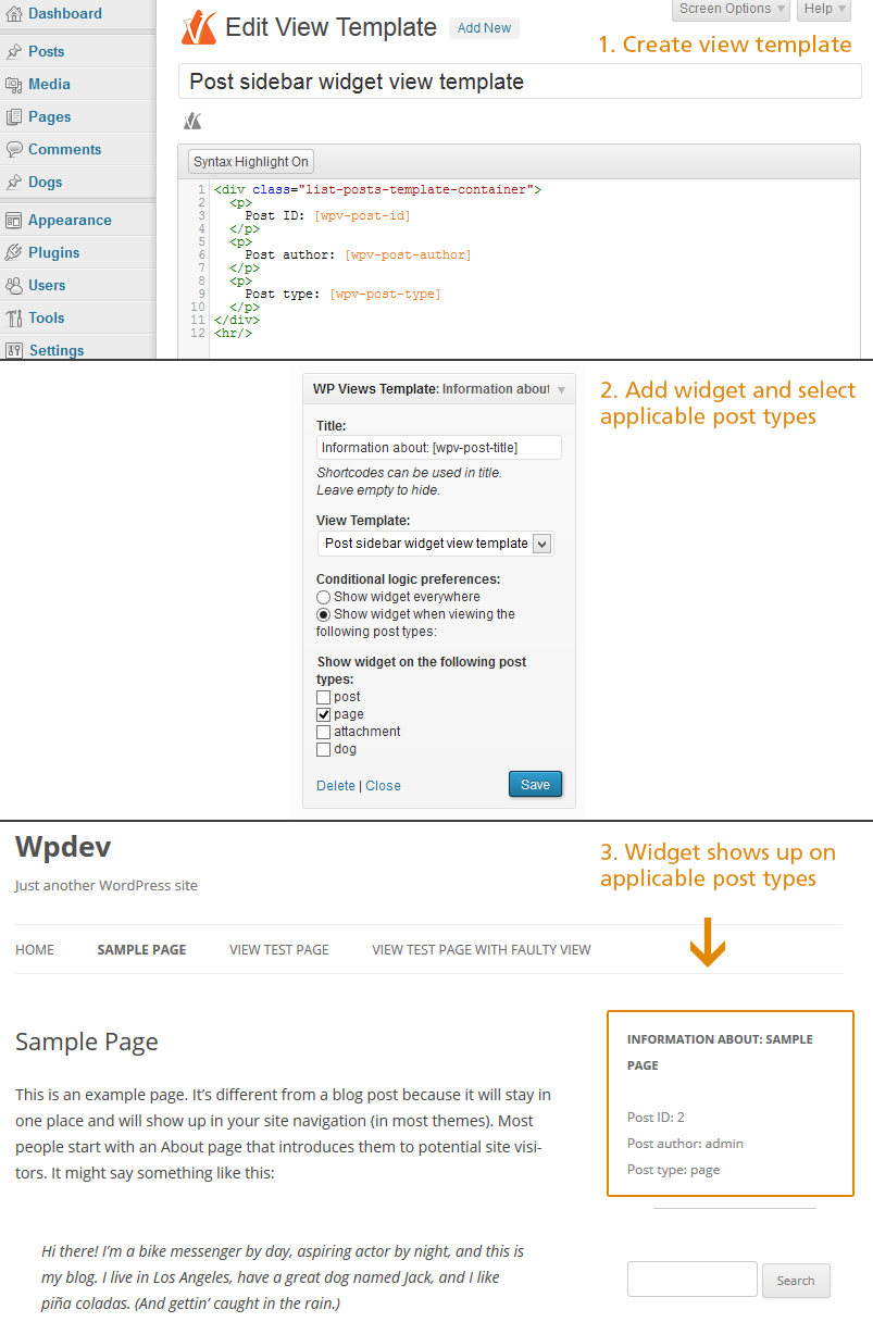 Workflow example. Adding a sidebar widget to display information about the currently viewed post.