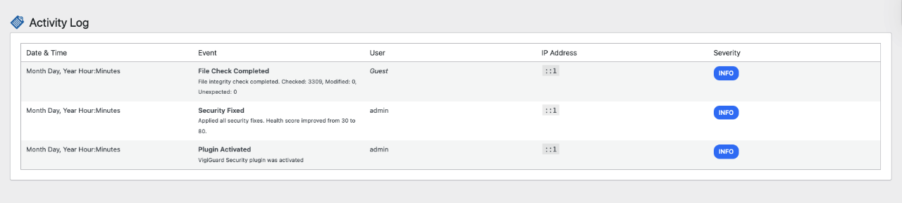 Activity log showing security events