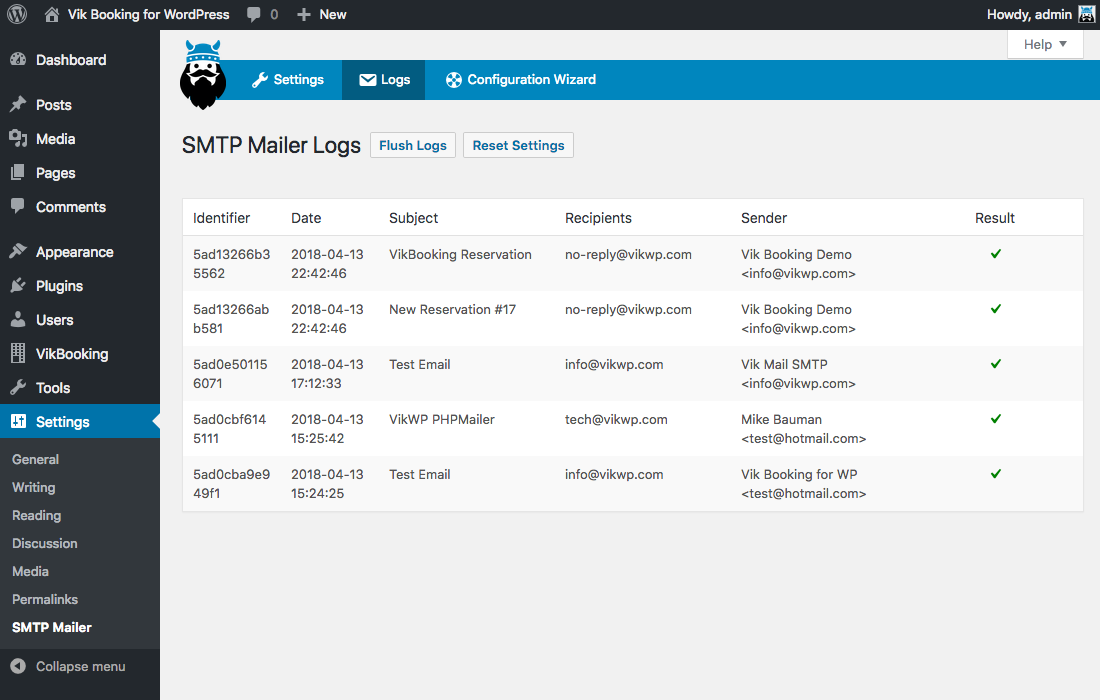 Mail Logs: keep track of the email sending functions and easily identify a success or a failure.