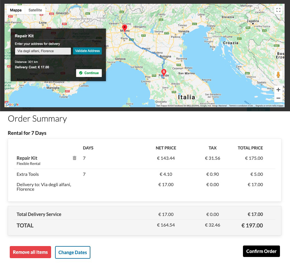 The optional Delivery service, extra fees and order summary.