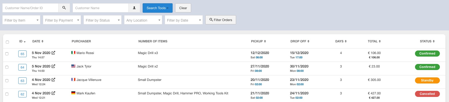 Rental Orders List: all the reservations made by your clients.