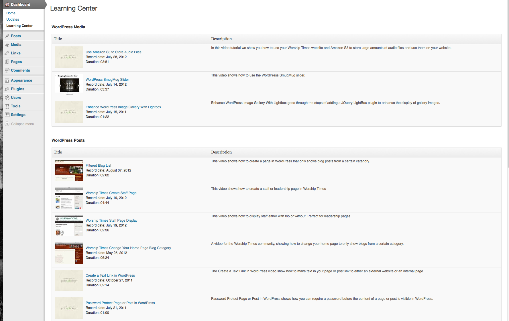 **Dashboard Video Settings** - Vimeo Everywhere settings page.  Here you can link to you account, select the placement and title of the dashboard videos, and select what albums to show