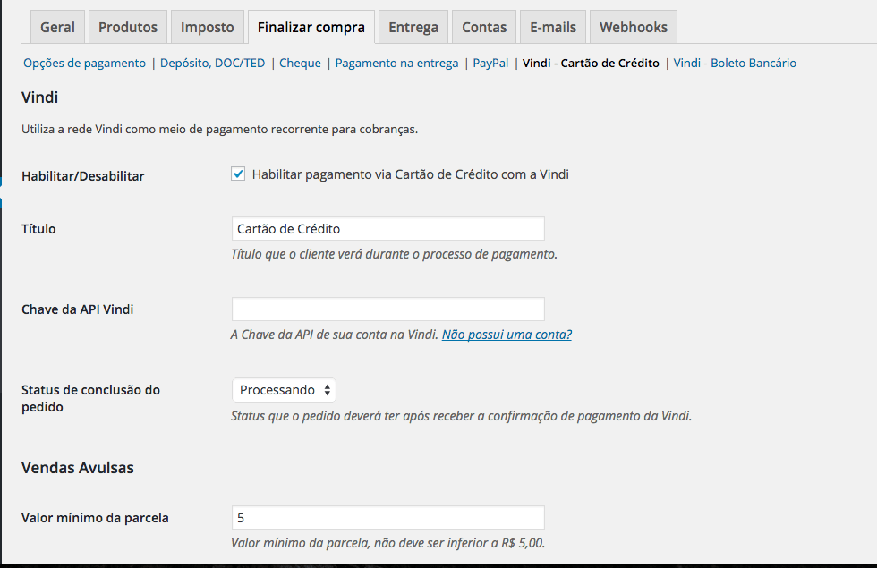 Configurações do plugin para cartão de crédito.