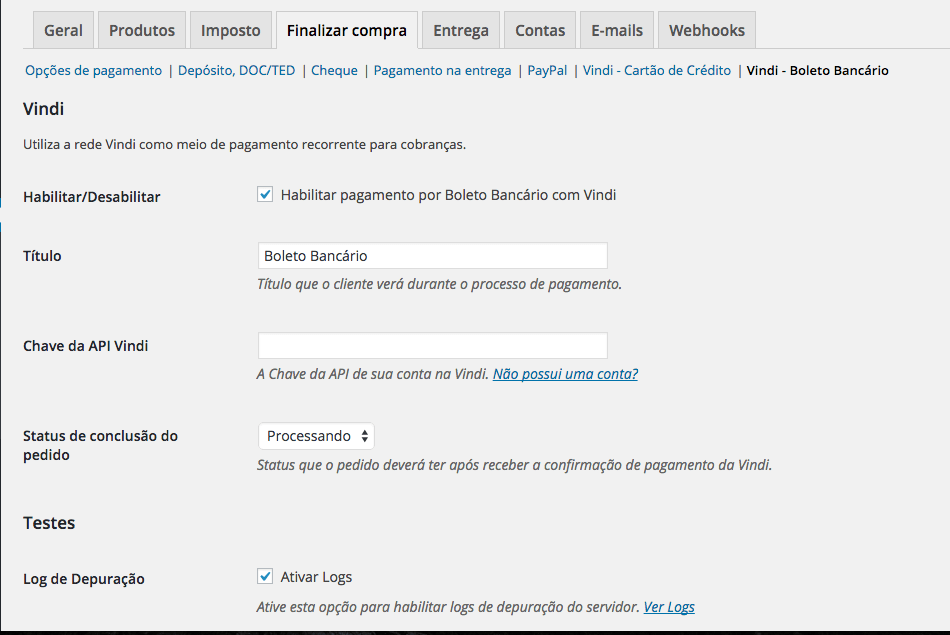 Configurações do plugin para boleto bancário.