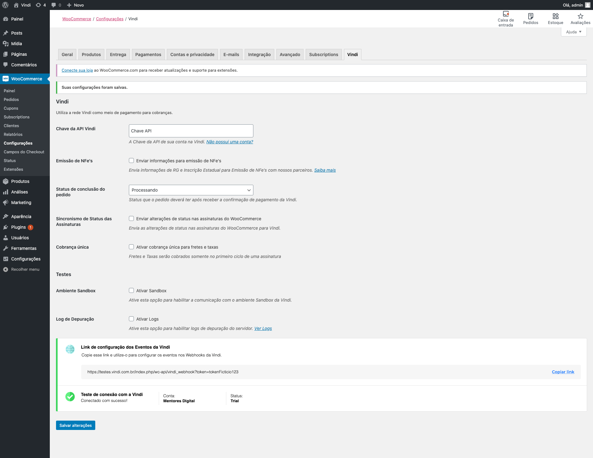 Página de cofiguração do plugin