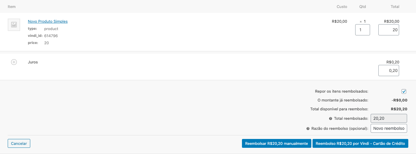 Opção de reembolso automático do pedido