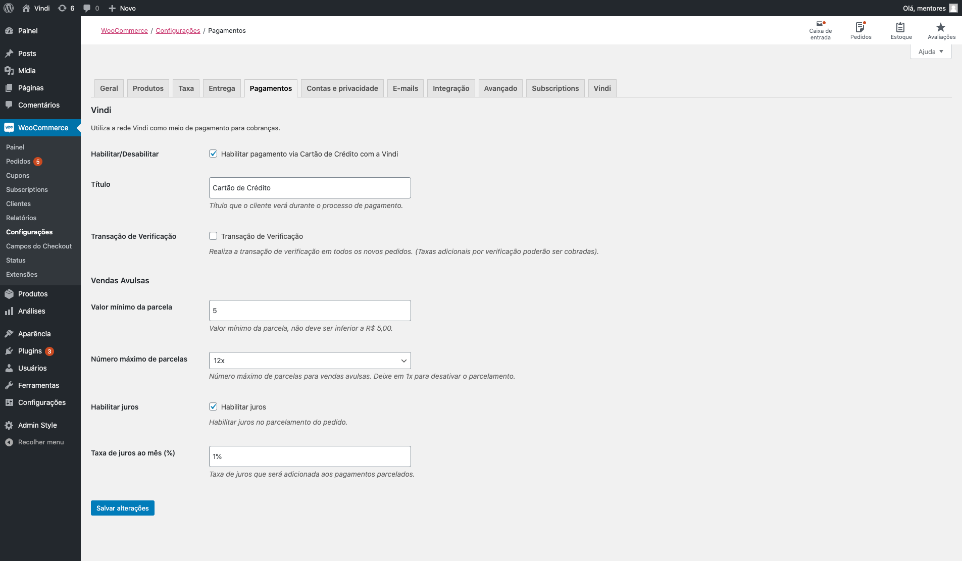 Configurações de pagamentos via cartão de crédito