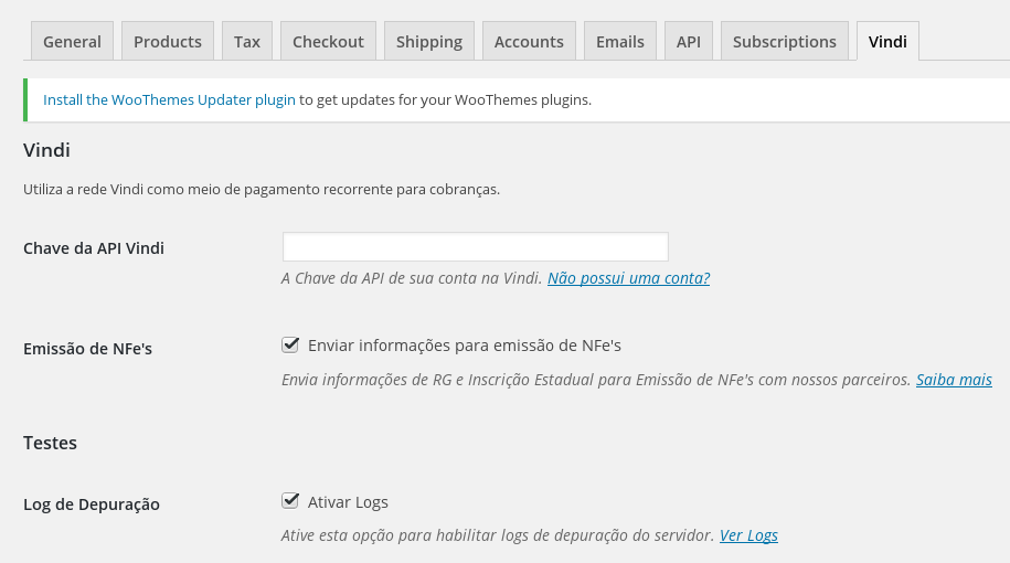 Configurações do plugin com a Vindi.