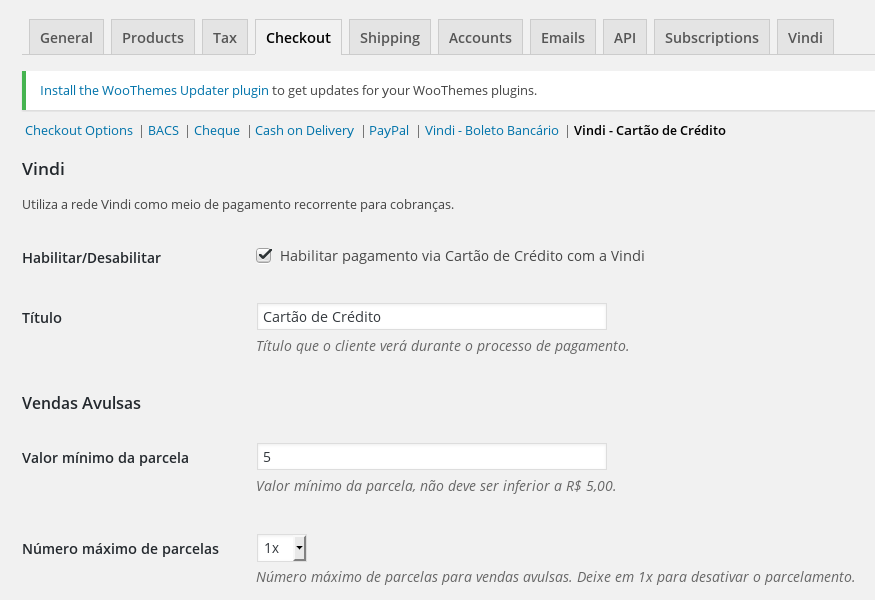Configurações do plugin para cartão de crédito.