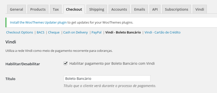 Configurações do plugin para boleto bancário.