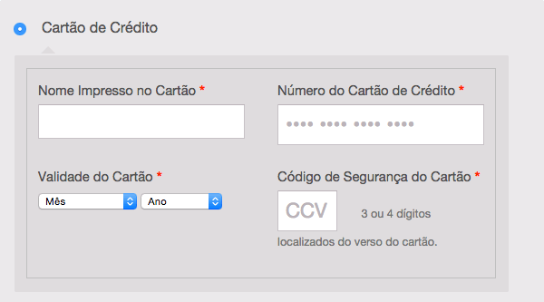 Método de pagamento na página de finalizar o pedido para cartão de crédito.