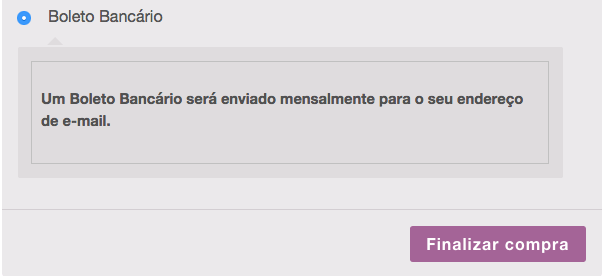 Método de pagamento na página de finalizar o pedido para boleto bancário.