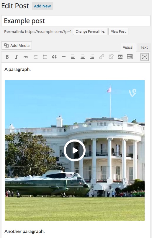 Paste a URL into the WordPress visual post editor in WordPress 4.0 or newer to see a preview of your embedded Vine.