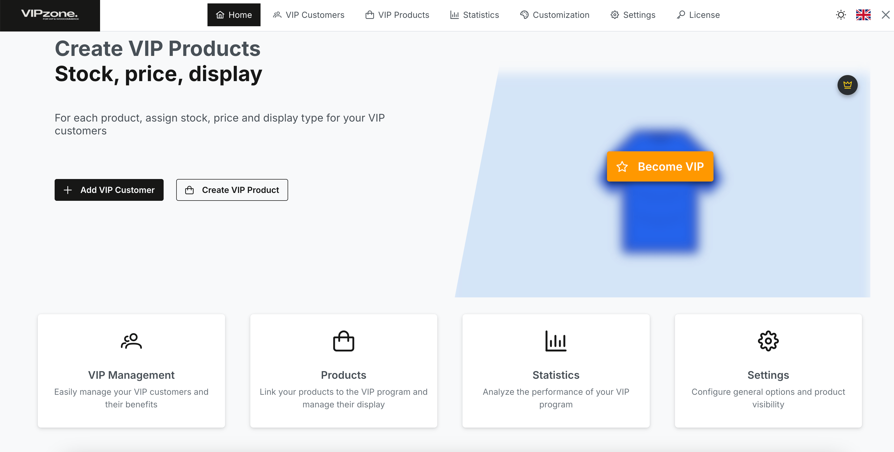 Main VIP customer dashboard showing the list of customers with their status, assigned products count, and order amounts. Features a clean interface with filtering options and quick actions.