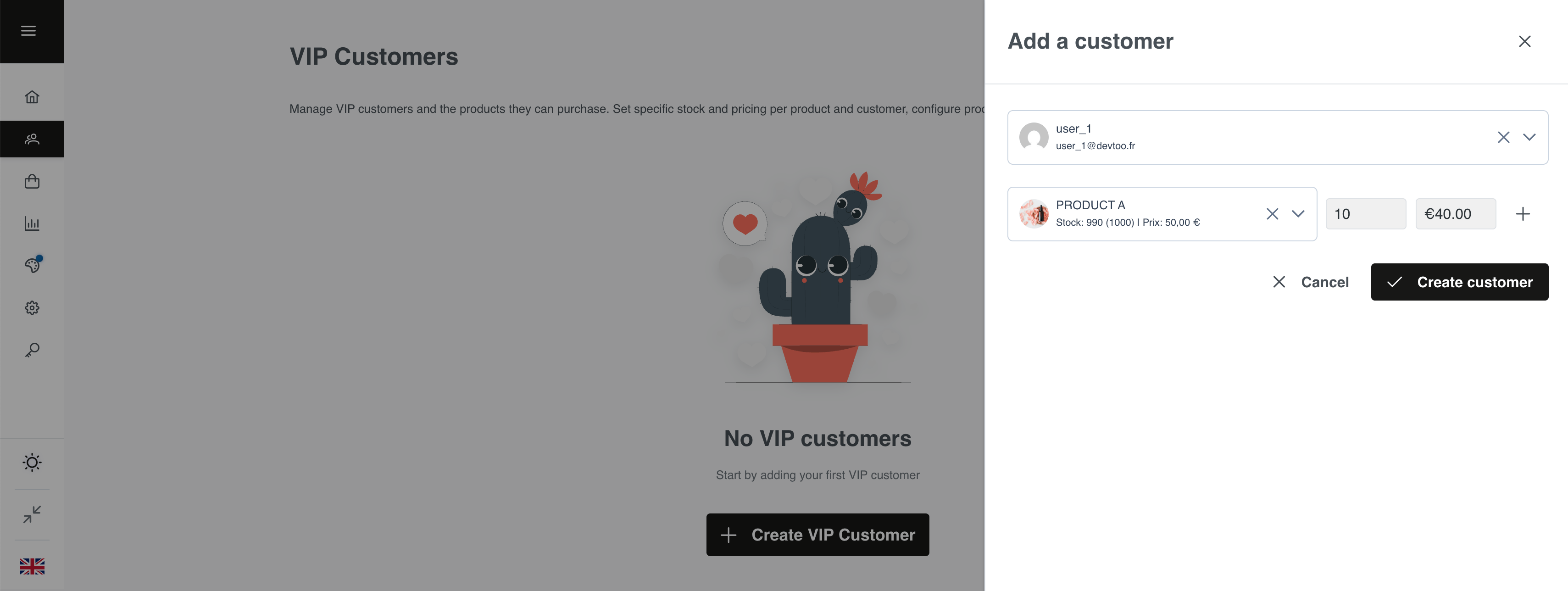 Product assignment interface where you can manage which products are available to each VIP customer, set custom prices, and define individual stock limits.