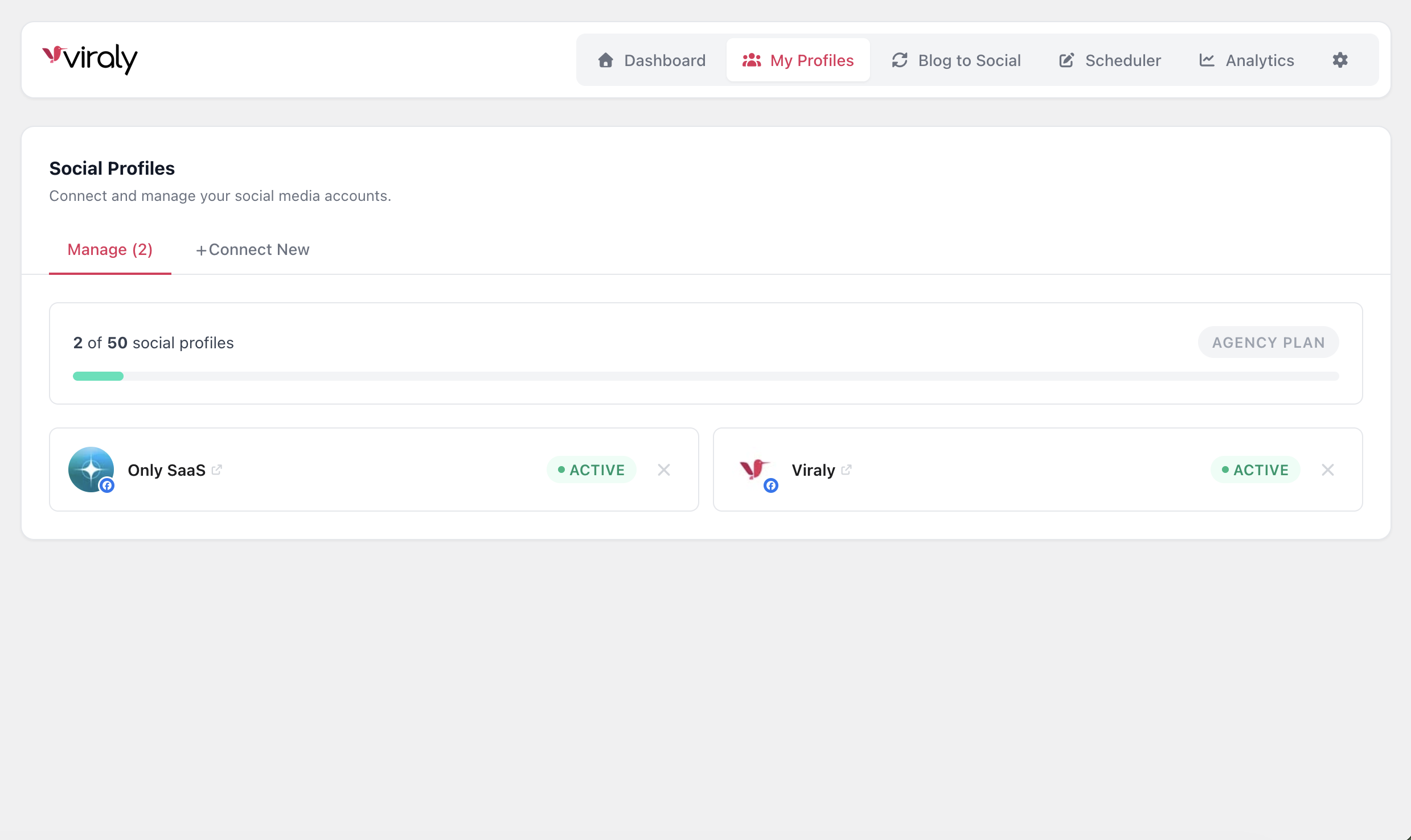 Manage Profiles — view and manage all your connected social media accounts in one place