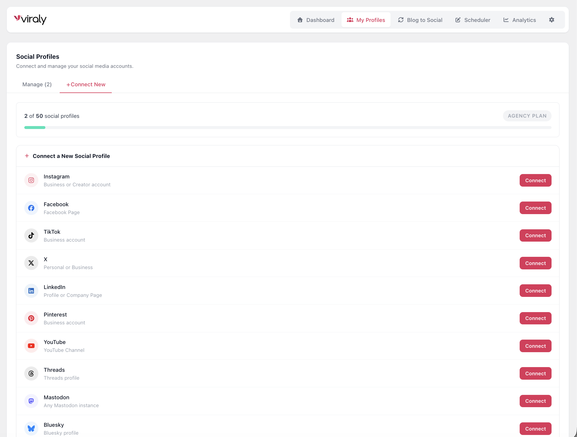 Connect New Profile — connect Instagram, Facebook, TikTok, YouTube, LinkedIn, and more via OAuth