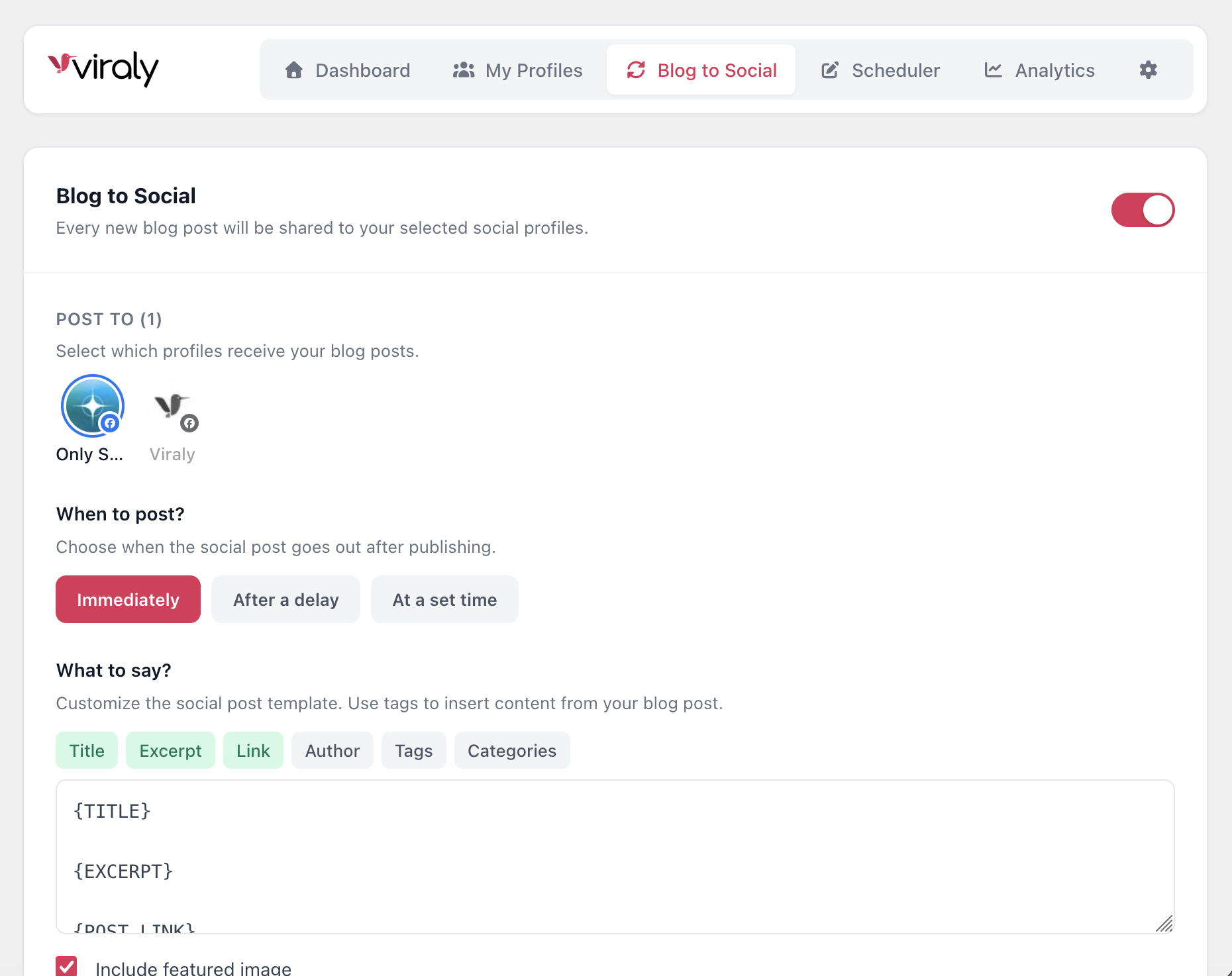 Blog to Social — configure auto posting with content templates, timing options, and channel selection