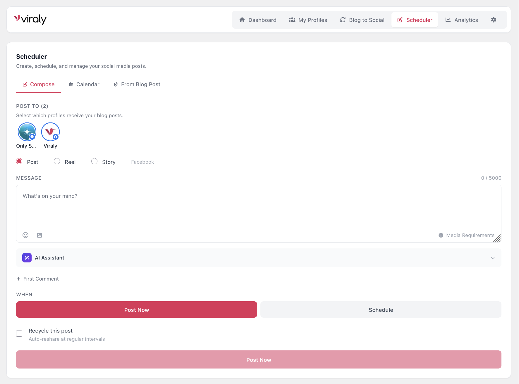 Post Composer — create and schedule social media posts with platform-specific options and AI captions
