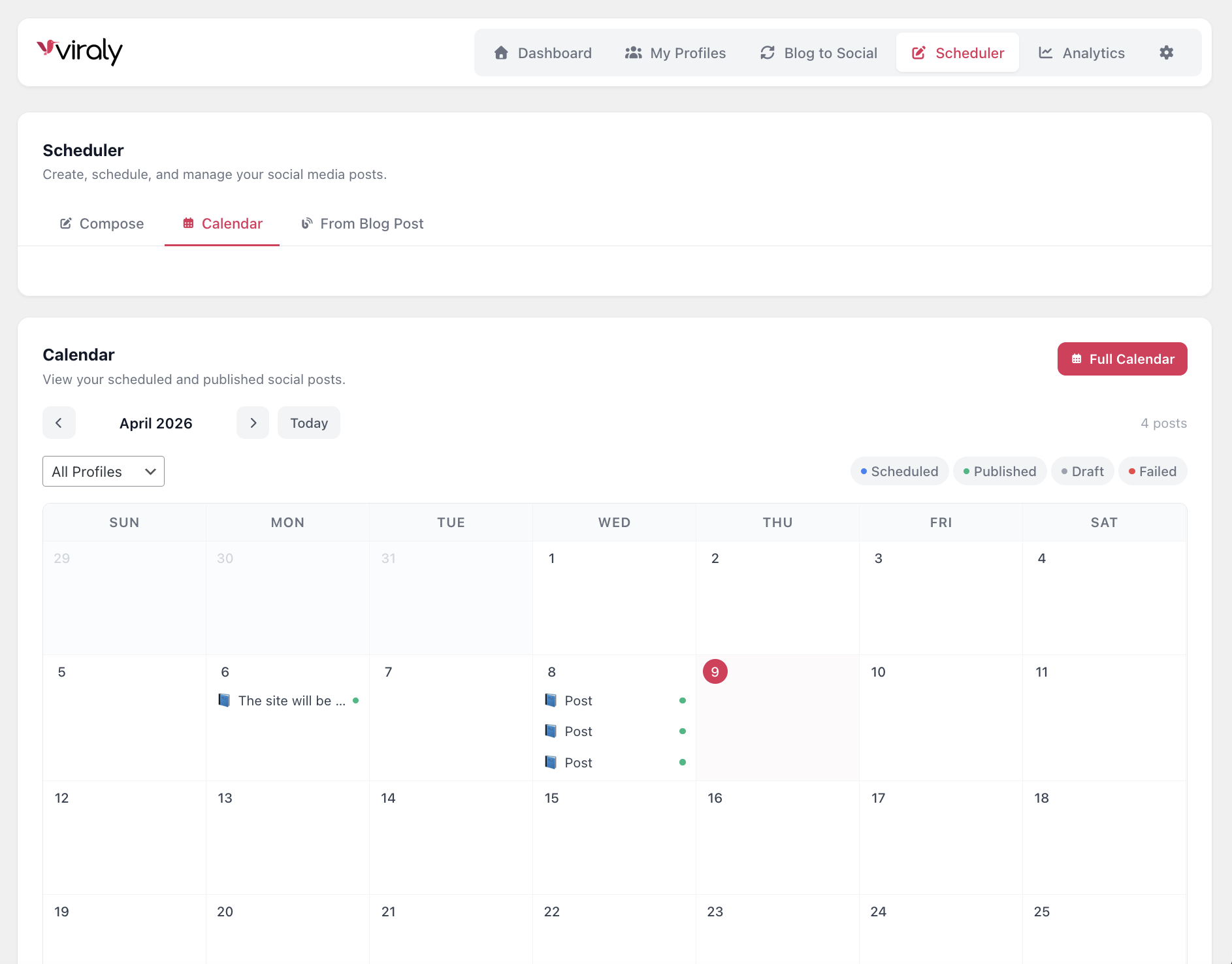 Content Calendar — visual monthly calendar showing all your scheduled and published posts