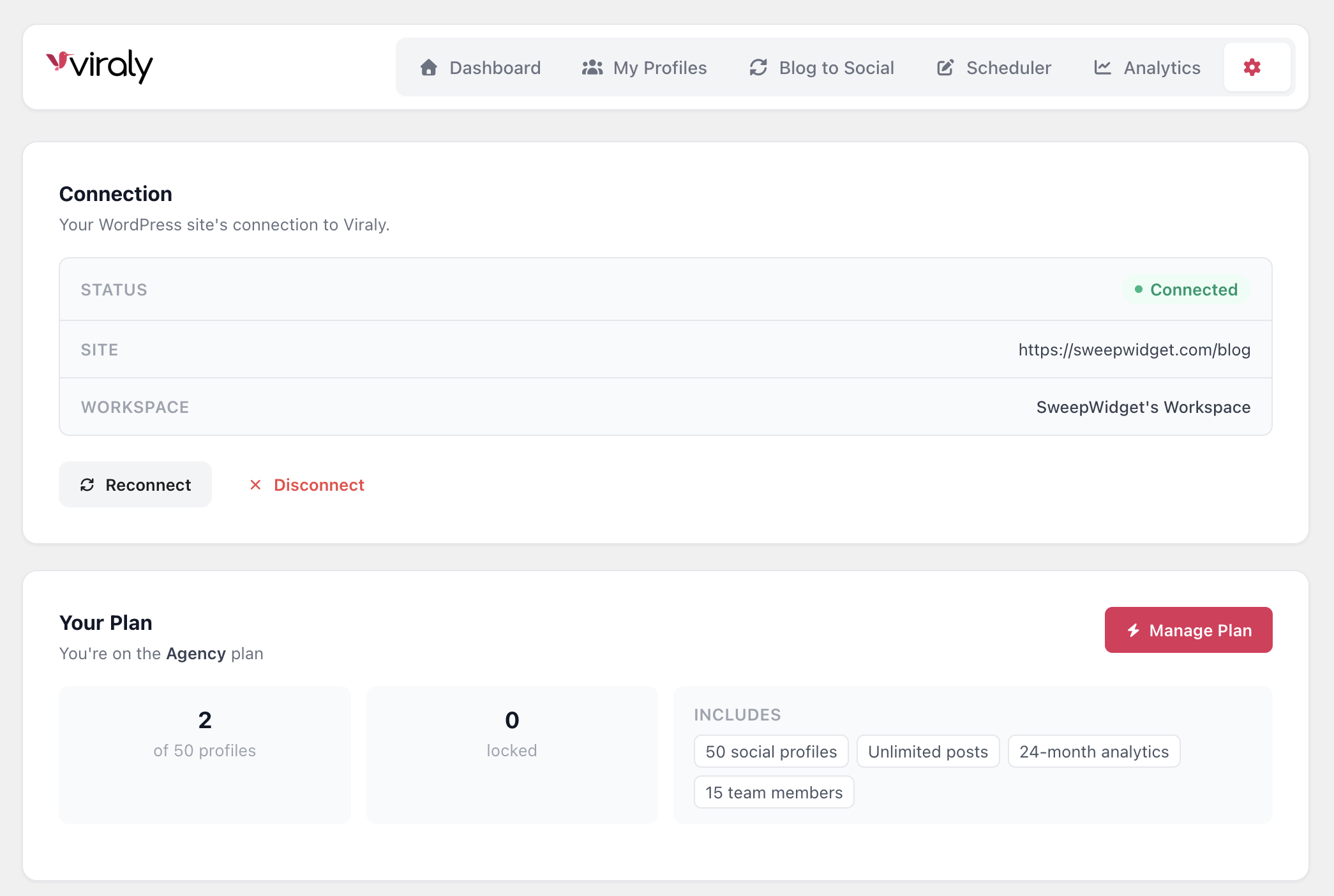 Settings — manage your connection, plan details, and auto post preferences