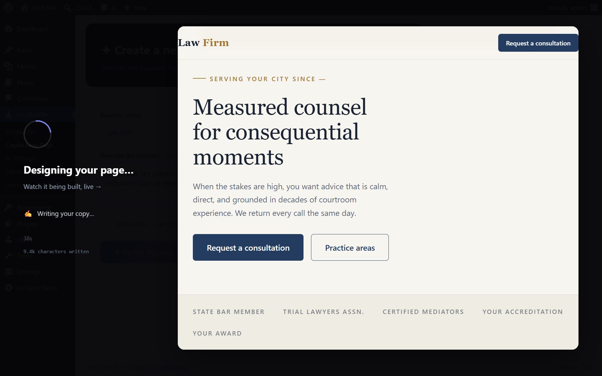 Live generation — watch the AI design your page in real time as it writes the layout and copy.