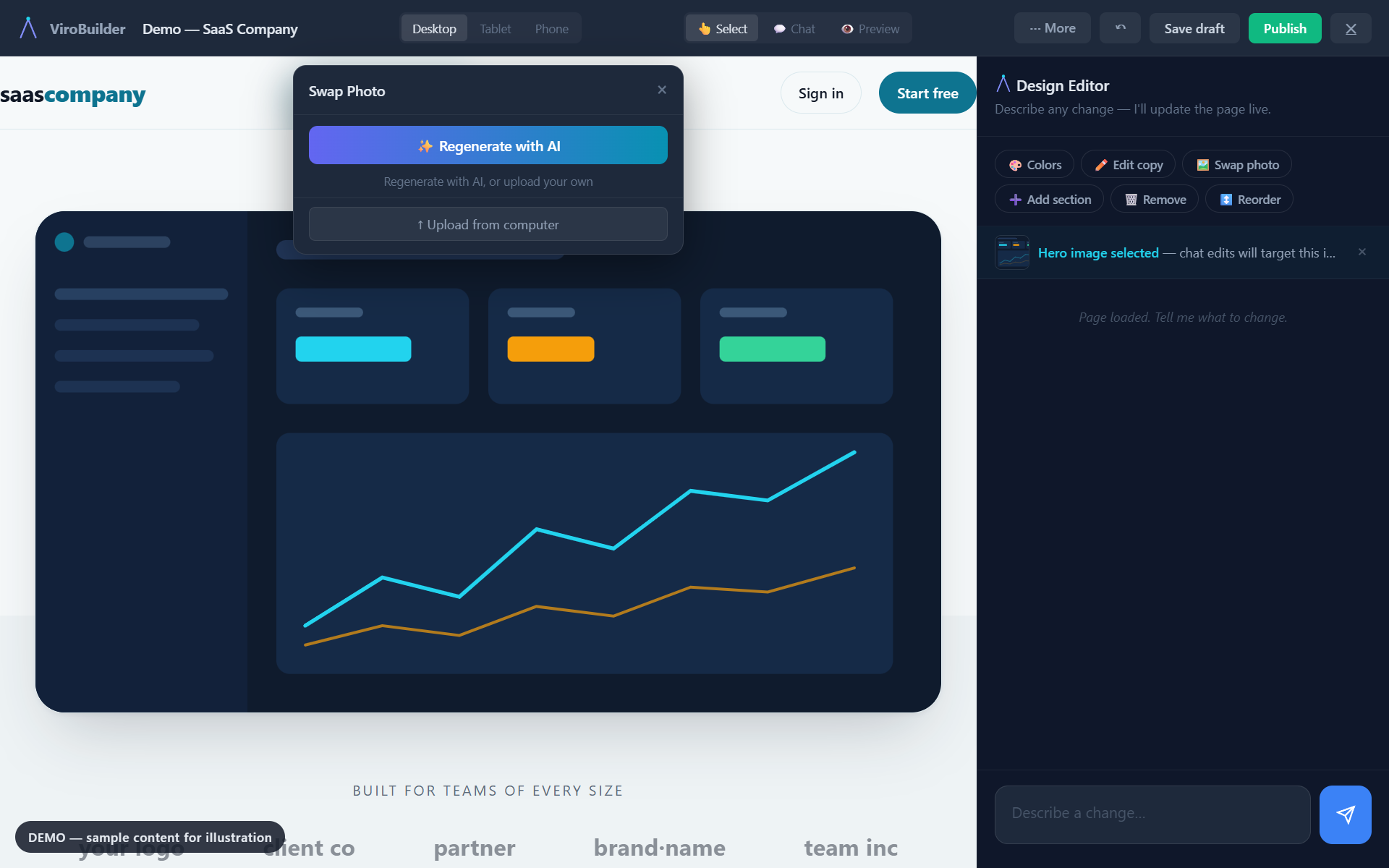 The visual editor — click any element to edit it, regenerate images with AI, or describe a change in plain language and watch it apply in seconds.