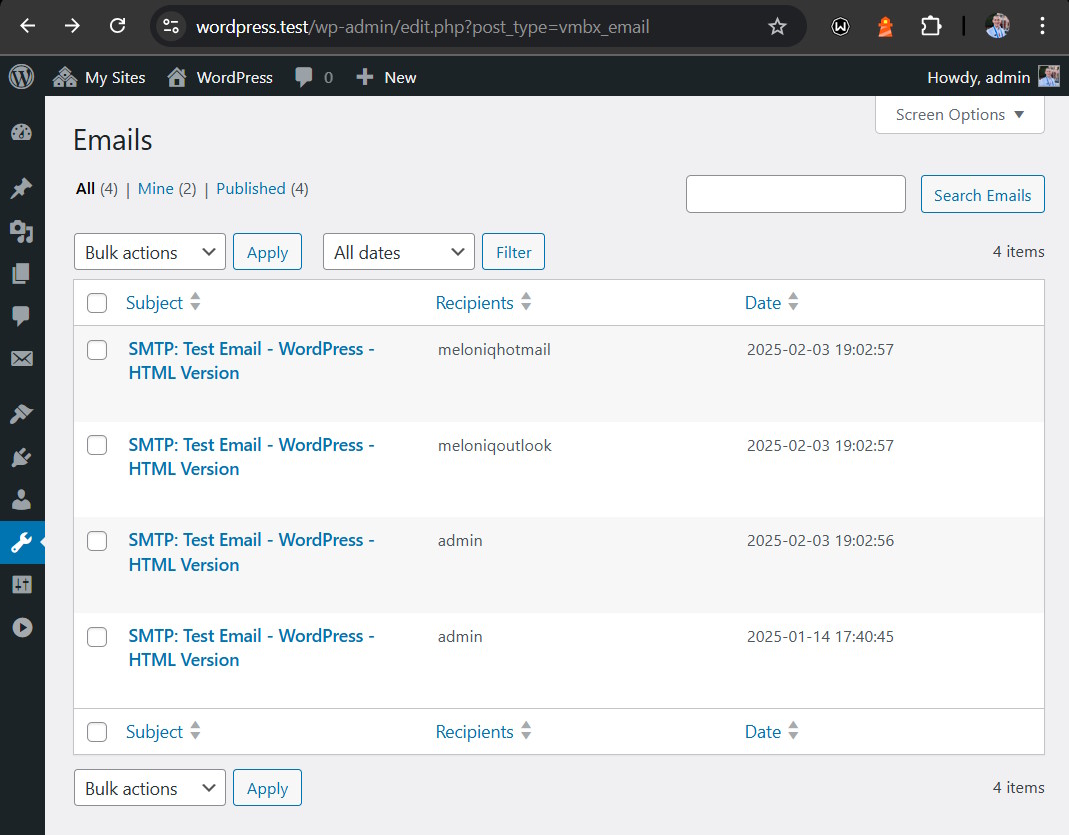 List of emails in the WP-Admin area.
