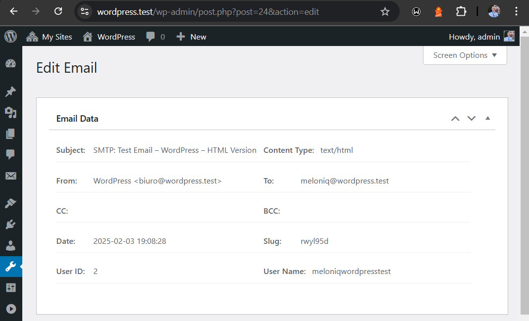 Email data in the WP-Admin area.