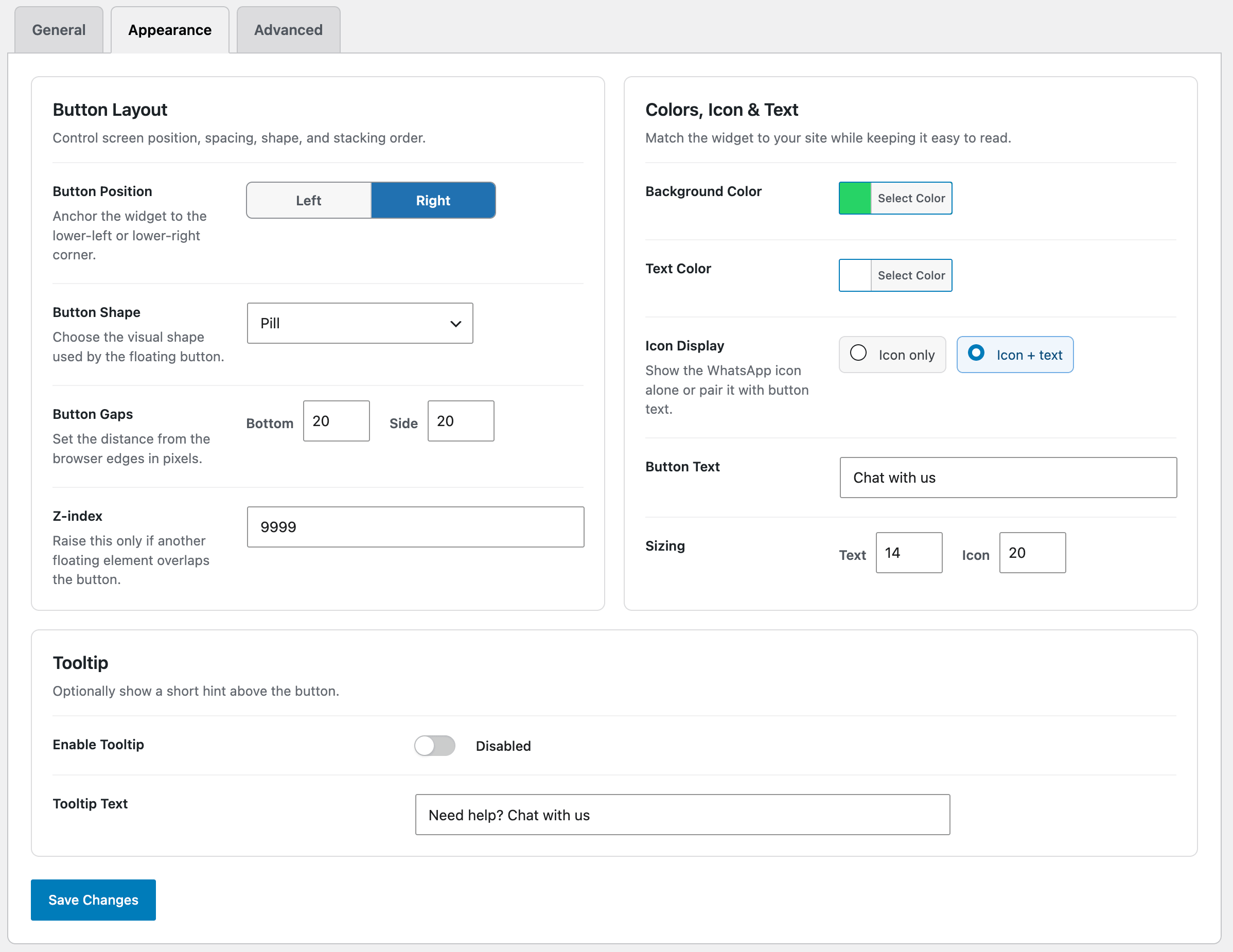 Appearance settings tab for button colors, shape, sizing, position, tooltip, and z-index.