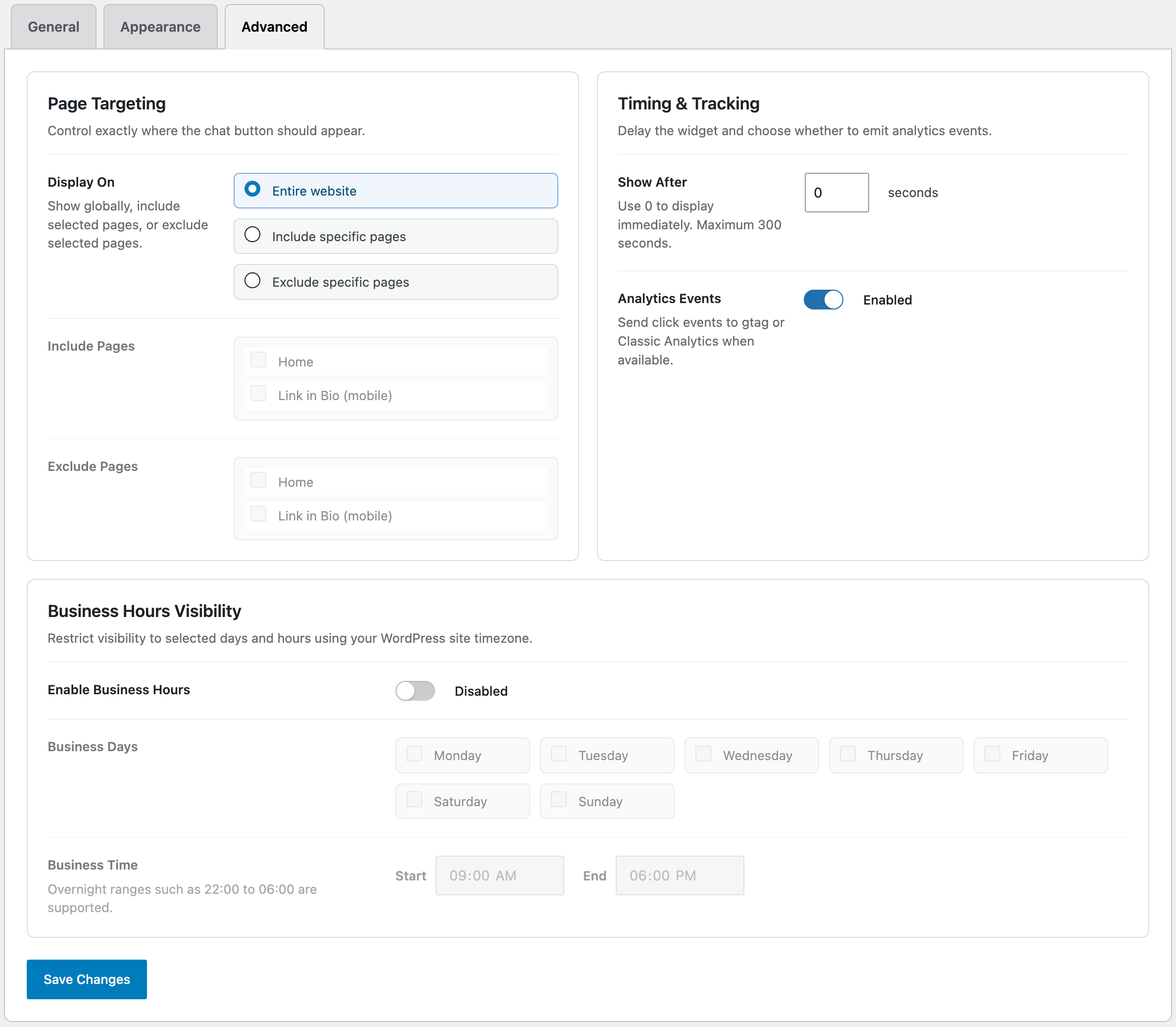 Advanced settings tab for page targeting, delayed display, analytics events, and business hours.