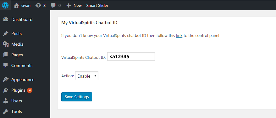 VirtualSpirits Chatbot Plugin settings -- add the Chatbot ID from your VirtualSpirits account in order to activate the chat on your WP site