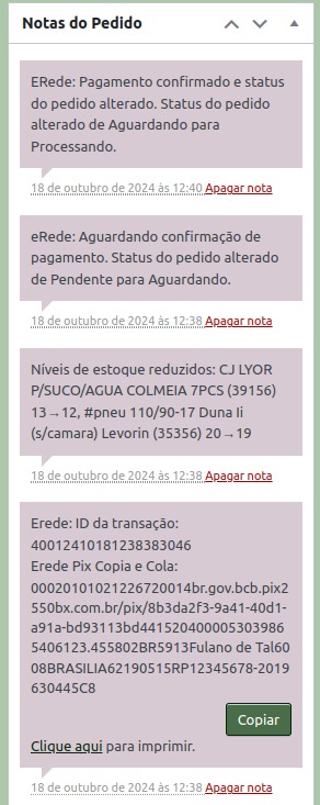 Histórico pedido Pix;