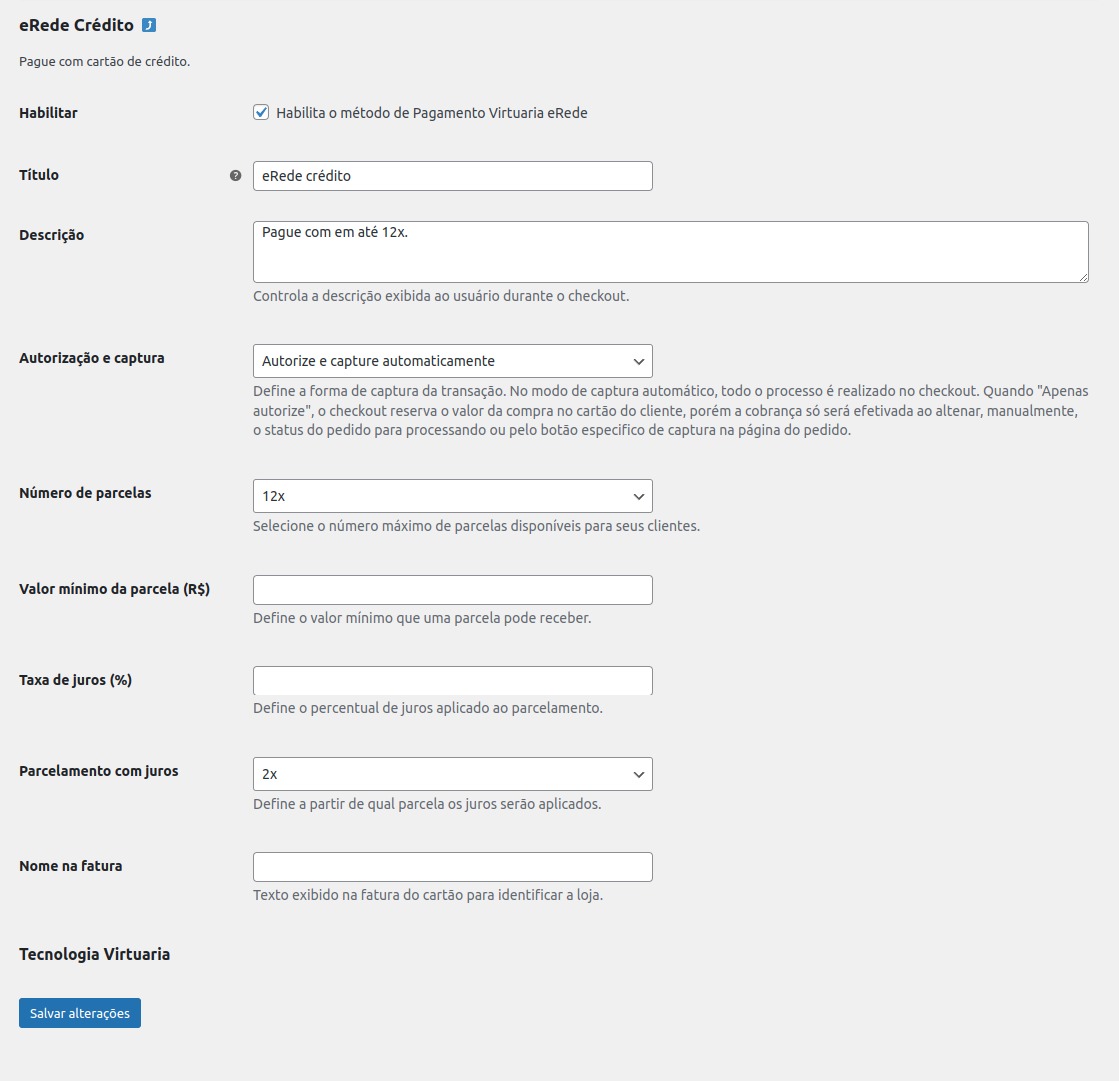 Configuração do Crédito.