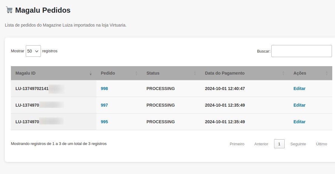 Pedidos Importados do Magalu;