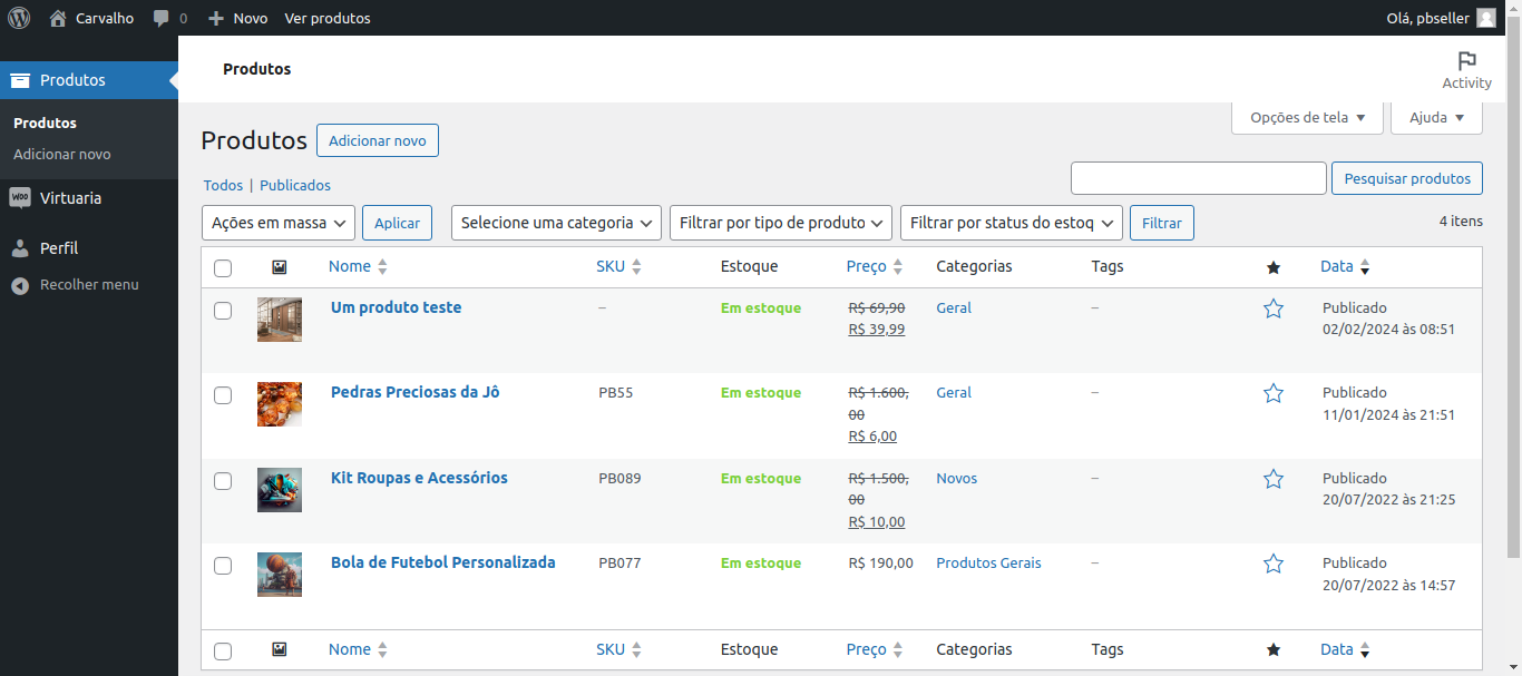 Lista de produtos do seller, área aberta;
