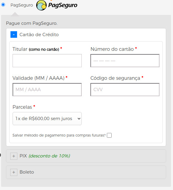 Armazenamento dos dados de pagamento;